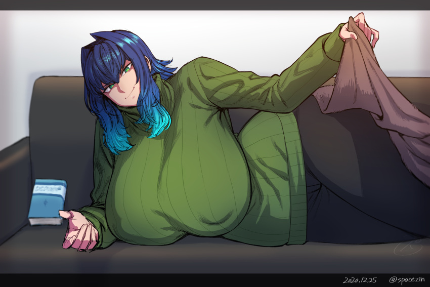 1girl beckoning blanket blue_hair book breasts couch curvy gigantic_breasts gradient_hair green_eyes hair_between_eyes hair_intakes highres looking_at_viewer lying multicolored_hair on_side original pants ribbed_sweater sketch solo space_jin sweater tsurime wide_hips zoe_(space_jin)