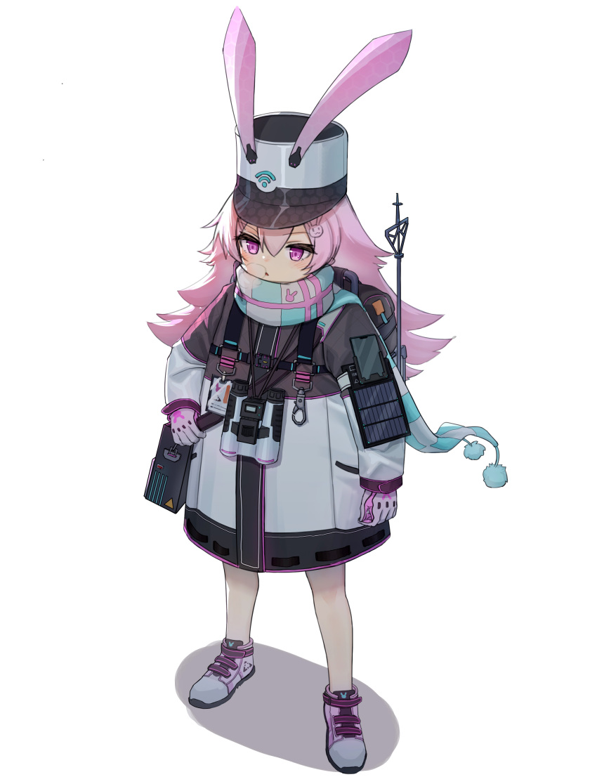 absurdres animal_ears backpack bag binoculars black_bag blush breath bunny_hair_ornament fake_animal_ears gloves grey_headwear hair_between_eyes hair_ornament hat highres id_card jacket long_hair multicolored multicolored_clothes open_mouth original pink_eyes purple_eyes scarf simple_background sketch sleeves_past_wrists solar_panel standing striped striped_scarf two-tone_gloves white_background white_footwear white_gloves wifi_symbol xiang_he_he_qunzi