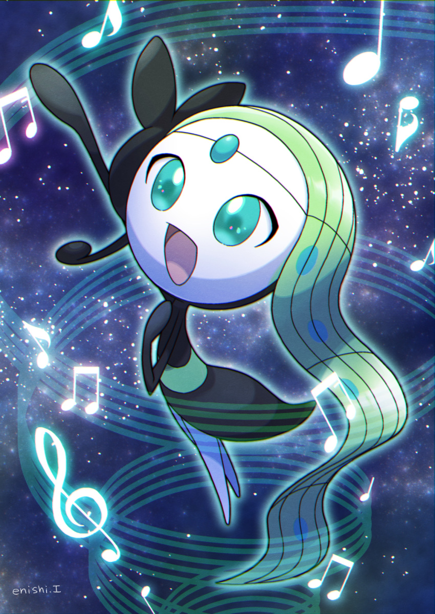 commentary_request creature enishi_(menkura-rin10) full_body gen_5_pokemon green_eyes green_hair highres long_hair meloetta meloetta_(aria) music musical_note mythical_pokemon no_humans open_mouth pokemon pokemon_(creature) pose signature singing sky solo star_(sky) starry_sky