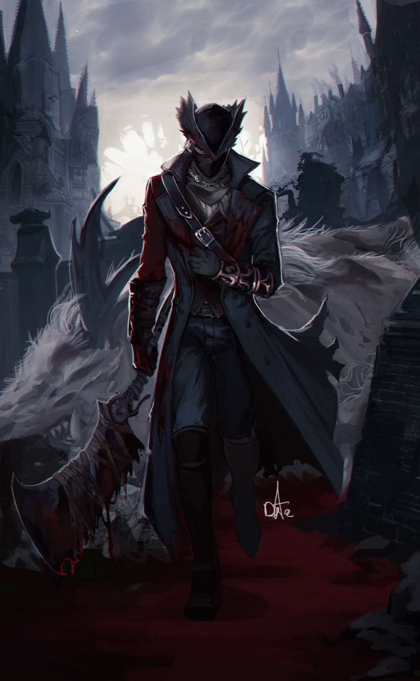 1boy absurdres architecture armor bandages belt black_coat black_eyes black_gloves black_headwear blood bloodborne bloody_clothes bloody_weapon chain chimney cloud cloudy_sky coat death distr dripping gloves gothic_architecture grey_hair grey_sky hat highres holding holding_weapon horns hunter_(bloodborne) looking_at_viewer male_focus monster_girl outdoors puddle signature sky smoke solo teeth torn torn_clothes torn_coat vambraces walking weapon