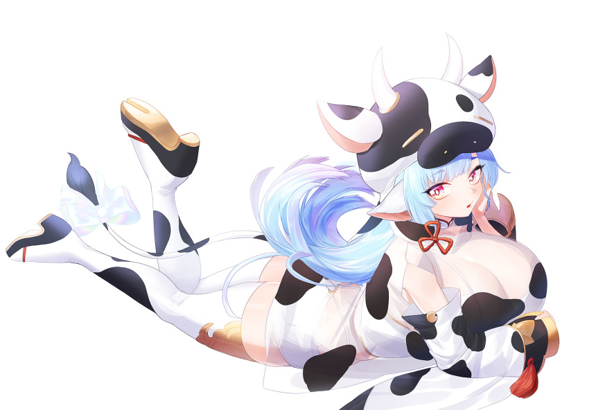 1girl animal_ears animal_print ass bangs bare_shoulders bikini blue_hair blush bow breasts cleavage cow_ears cow_girl cow_hat cow_horns cow_print cow_tail detached_collar detached_sleeves draph gooak granblue_fantasy highres horns large_breasts legs long_hair looking_at_viewer lying on_stomach open_mouth pointy_ears shatola_(granblue_fantasy) sheer_clothes short_shorts shorts swimsuit tail thighhighs thighs white_bikini white_bow white_legwear white_shorts wide_sleeves yellow_eyes