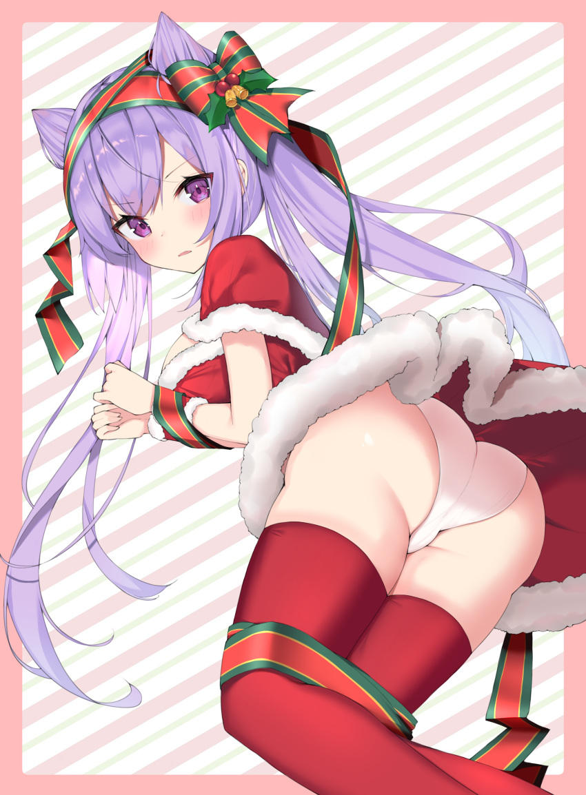 1girl absurdres ass bent_over bow breasts christmas double_bun dress genshin_impact hair_bun highres keqing large_breasts panties purple_eyes purple_hair red_dress red_legwear rui_p santa_dress thighhighs thighs twintails underwear upskirt white_panties