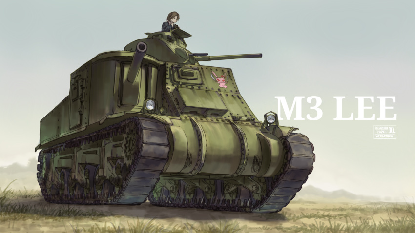 1girl absurdres binoculars brown_eyes brown_hair caterpillar_tracks commentary_request dated day emblem english_commentary girls_und_panzer grass ground_vehicle highres hill m3_lee military military_vehicle motor_vehicle ooarai_military_uniform sawa_azusa short_hair sky solo tank useless