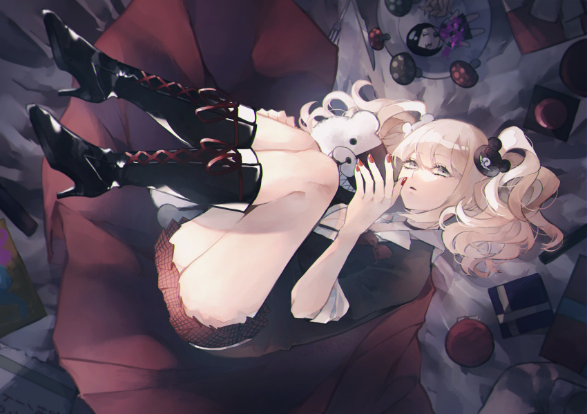 1girl bangs black_footwear blonde_hair blue_eyes boots box breasts character_doll commentary_request cross-laced_footwear danganronpa:_trigger_happy_havoc danganronpa_(series) enoshima_junko eyebrows_visible_through_hair full_body gift gift_box hair_ornament high_heel_boots high_heels highres holding ikusaba_mukuro impossible_clothes impossible_skirt knee_boots knees_up ko_jira lace-up_boots long_hair looking_at_viewer lying miniskirt monokuma mushroom nail_polish on_back plaid plaid_skirt pleated_skirt red_nails shirt skirt sleeves_rolled_up smile twintails