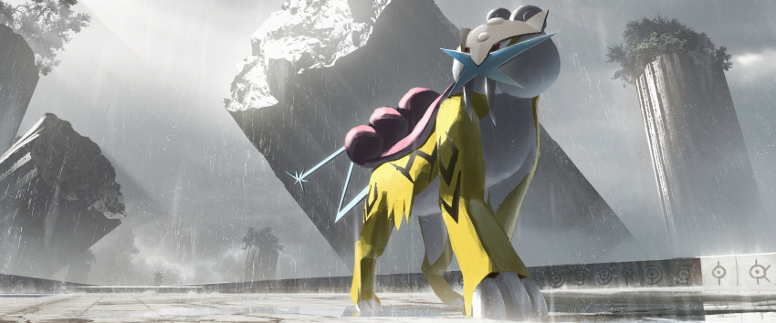 absurdres asteroid_ill claws fangs gen_2_pokemon highres legendary_pokemon looking_to_the_side no_humans outdoors pillar pokemon pokemon_(creature) raikou rain ruins unown