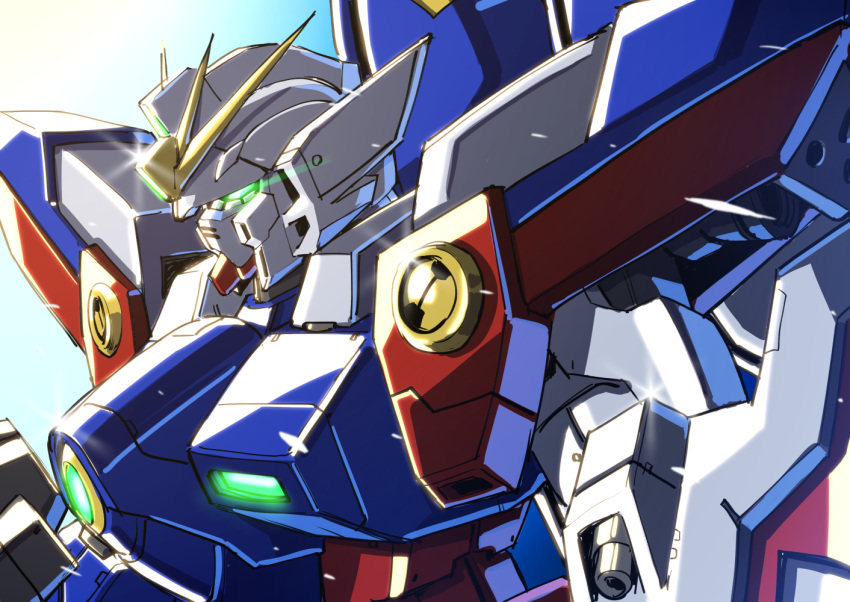 from_side glowing glowing_eyes green_eyes gundam gundam_wing looking_down mecha no_humans science_fiction shiny shouji_nigou solo v-fin wing_gundam