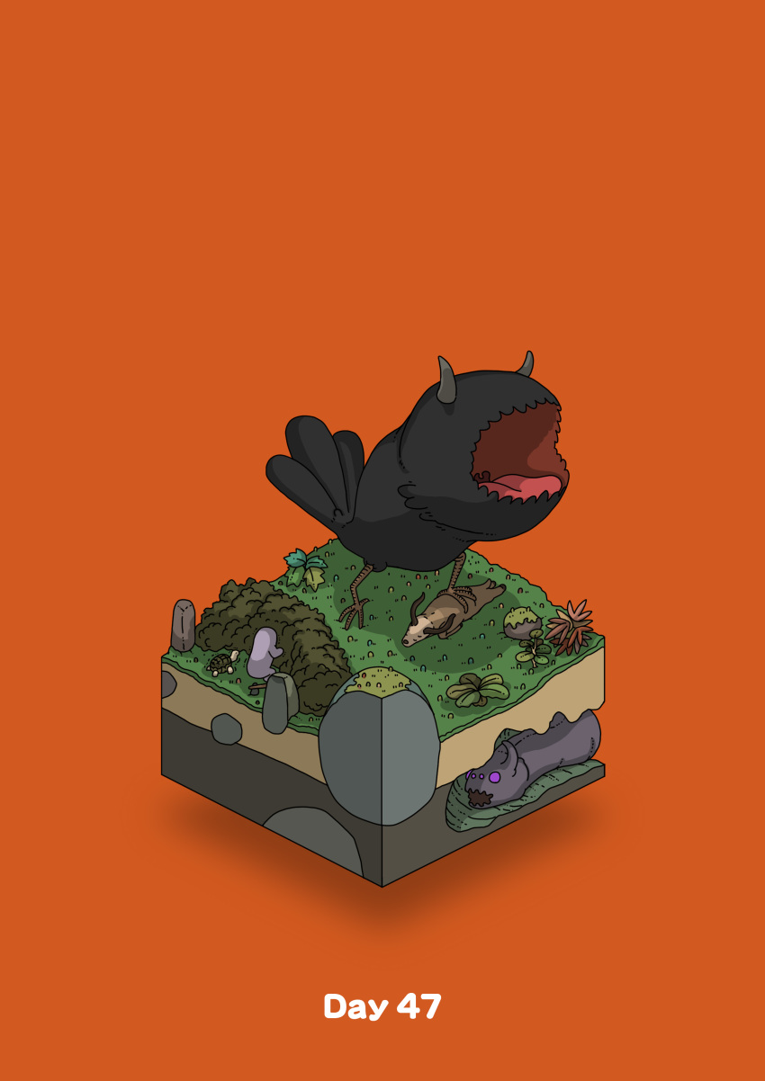 absurdres animal boulder bush commentary_request dead_animal diorama gozz hiding highres horns isometric moss open_mouth orange_background original plant purple_eyes standing_on_animal turtle