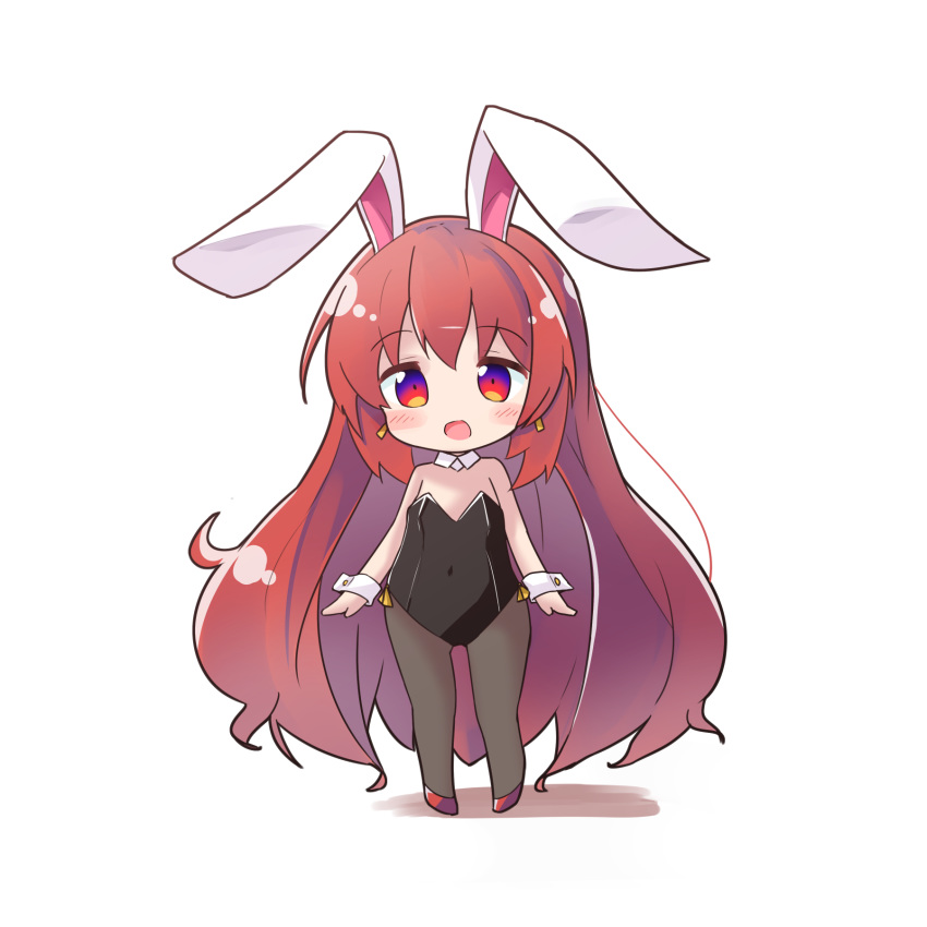 1girl :d animal_ears bangs bare_shoulders black_legwear black_leotard blush_stickers bunny_ears chibi commentary_request covered_navel earrings eyebrows_visible_through_hair full_body hair_between_eyes highres jewelry leotard long_hair open_mouth original pantyhose red_eyes red_footwear red_hair ryogo shadow shoes smile solo standing strapless strapless_leotard usami_tsuitachi very_long_hair white_background wrist_cuffs