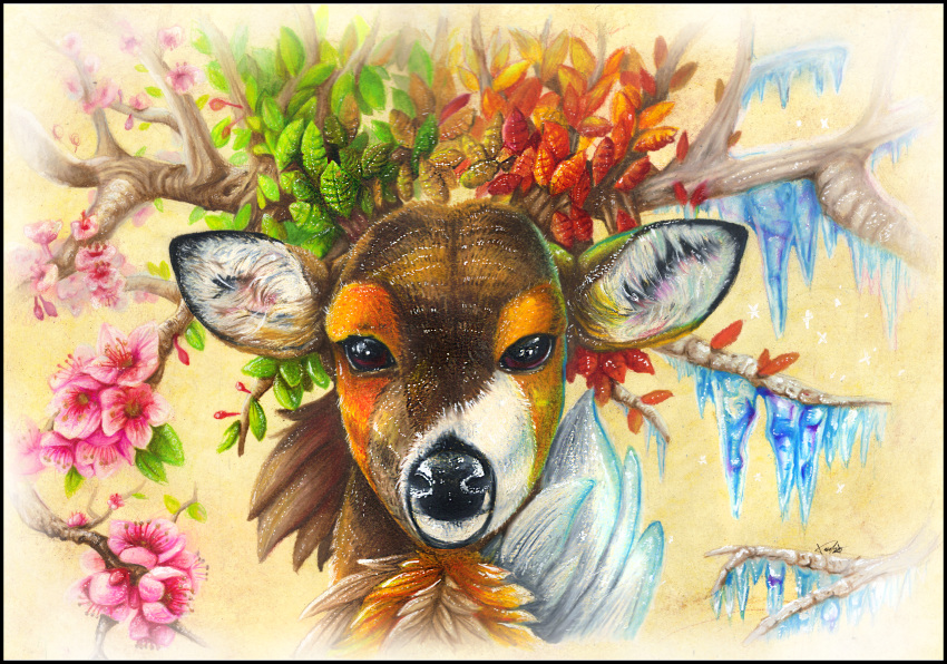absurdres body_fur brown_eyes brown_fur commentary deer english_commentary flower gen_5_pokemon highres huge_filesize icicle leaf looking_at_viewer no_humans ohhseedee pink_flower pokemon pokemon_(creature) portrait realistic sawsbuck signature solo