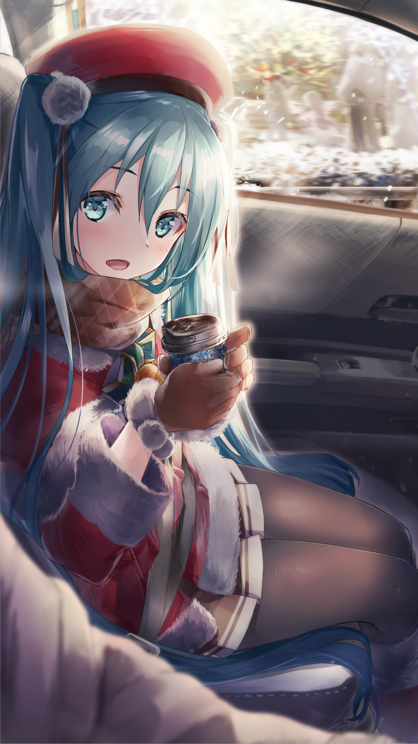 1girl aqua_eyes aqua_hair beret boots brown_scarf capelet car_interior coffee_cup cup daidou_(demitasse) disposable_cup fur-trimmed_boots fur-trimmed_capelet fur-trimmed_jacket fur_trim hat hatsune_miku highres holding holding_cup jacket long_hair miniskirt open_mouth pantyhose pleated_skirt pov red_capelet red_footwear red_headwear red_jacket santa_costume scarf sitting skirt snowing twintails very_long_hair vocaloid winter