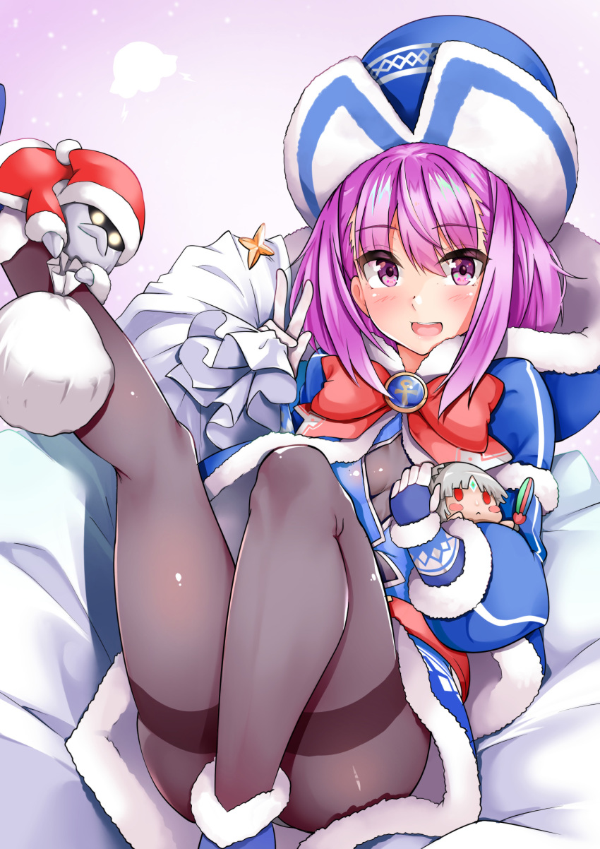 1girl altera_(fate) ankh badge bangs beanie blue_coat blue_dress blue_footwear blue_gloves blue_headwear blush boots bow breasts coat colonel_olcott_(fate/grand_order) dress fate/extella fate/extra fate/grand_order fate/grand_order_arcade fate_(series) fur-trimmed_coat fur-trimmed_dress fur_trim gloves grey_legwear hat helena_blavatsky_(christmas)_(fate) helena_blavatsky_(fate/grand_order) highres large_bow leg_up long_sleeves looking_at_viewer open_mouth pantyhose purple_eyes purple_hair red_bow sack sezoku short_hair sitting small_breasts smile stuffed_toy thighband_pantyhose thighs