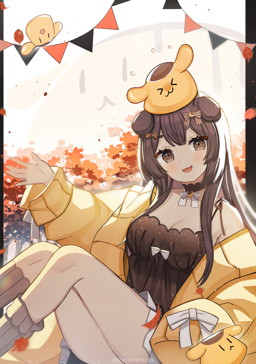 1girl absurdres animal_ears artist_name autumn autumn_leaves breasts brown_hair cleavage dog_ears dog_girl food hemmmlock highres inukai_purin looking_at_viewer medium_breasts off_shoulder pudding solo sweater tsunderia virtual_youtuber waving yellow_sweater