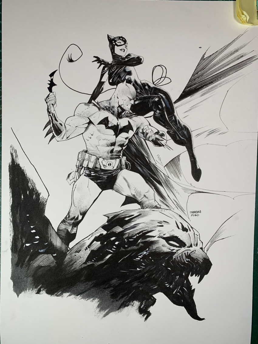 1boy 1girl batarang batman batman_(series) belt black_gloves bodysuit cat_mask catwoman dan_mora dc_comics english_commentary gargoyle gloves greyscale highres ink_(medium) jumping looking_down looking_up mask monochrome muscular photo_(medium) superhero traditional_media utility_belt