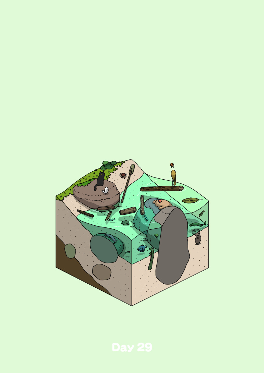 absurdres beach bird boulder cat commentary_request diorama face_down fish gozz green_background highres isometric original shipwreck starfish