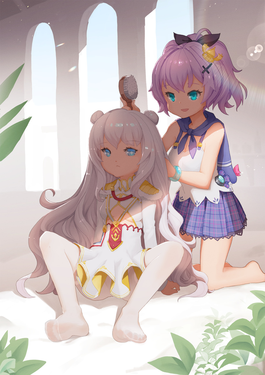 +_+ 2girls :&lt; azur_lane bangs barefoot behind_another blue_eyes bluesnail bow breasts brushing_another's_hair cleavage closed_mouth clothing_cutout collarbone commentary_request cross_hair_ornament crown double_bun epaulettes frown hair_bow hair_brush hair_brushing hair_ornament half_updo highres holding holding_brush javelin_(azur_lane) kneeling le_malin_(azur_lane) long_hair looking_at_another looking_at_viewer mini_crown multiple_girls no_shoes open_mouth pantyhose purple_hair short_hair sidelocks silver_hair sitting small_breasts smile sunlight toes underboob underboob_cutout very_long_hair white_legwear