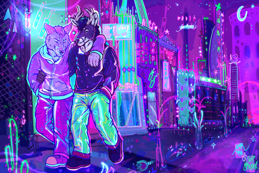 2020 anthro bottomwear building canid canine canis cervid city clothing collaboration duo eyes_closed footwear fur hi_res hoodie jacket landscape male mammal marjani neon pants shoes signature skyscraper smile topwear urban walking wolf