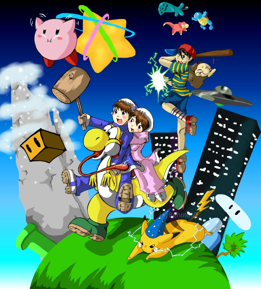 baseball_bat bat_(object) blue_body blue_eyes blue_skin blush city clothing cloud dinosaur earthbound_(series) electricity eskimo female fur group hammer hat headgear headwear hi_res human ice_climber kirby kirby_(series) long_tongue male mammal mario_bros mr._saturn nana_(ice_climber) ness nintendo party_hat pikachu pink_body pink_skin plant pok&eacute;mon pok&eacute;mon_(species) popo_(ice_climber) reptile riding rotating_block scalie slowpoke squirtle star super_smash_bros. tamarinfrog tongue tools tree video_games waddling_head warp_pipe wobbuffet yellow_body yellow_fur yellow_skin yellow_yoshi yoshi