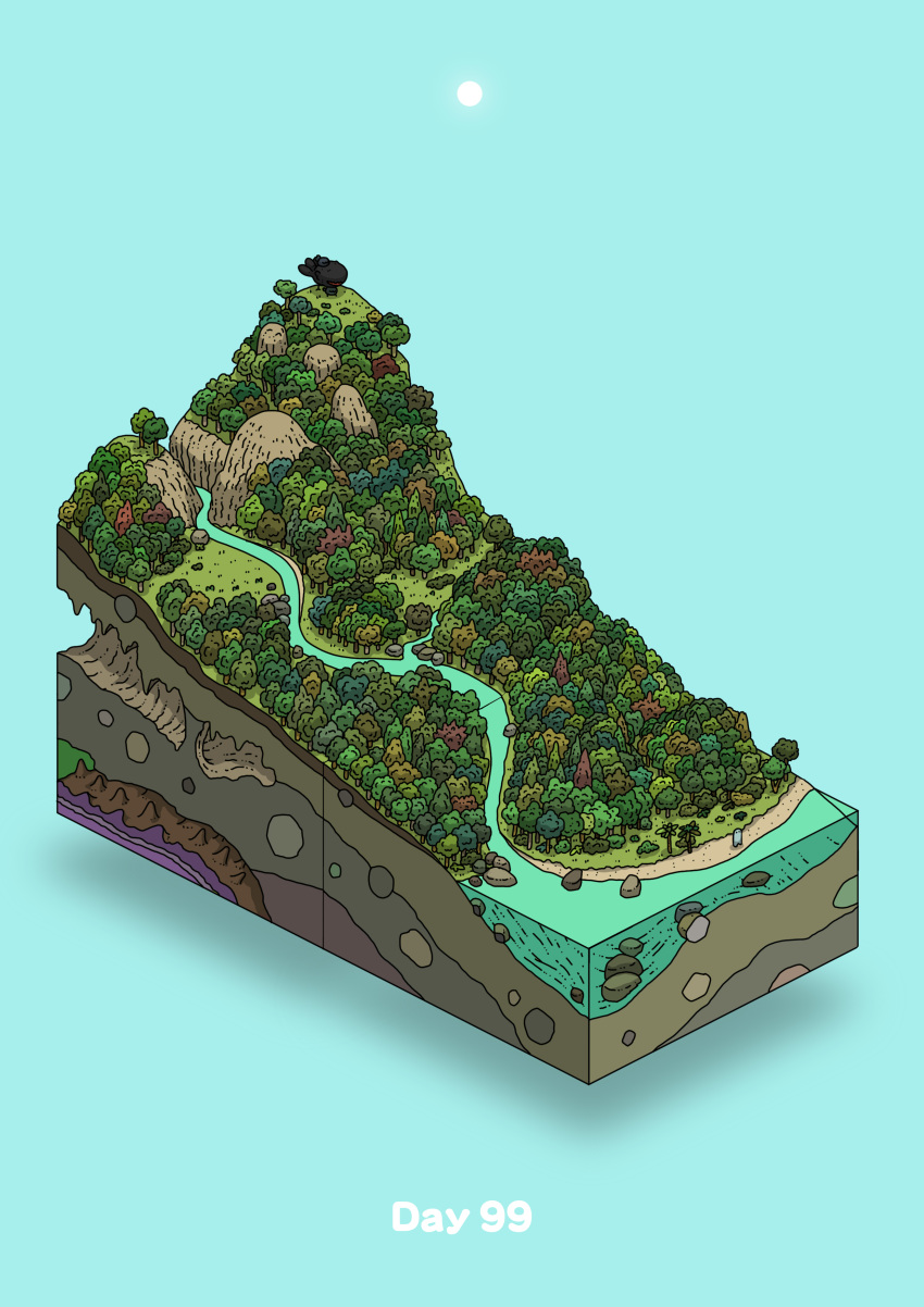 absurdres aqua_background beach cave commentary_request creature day diorama forest gozz highres hill isometric nature original river shore sun tree