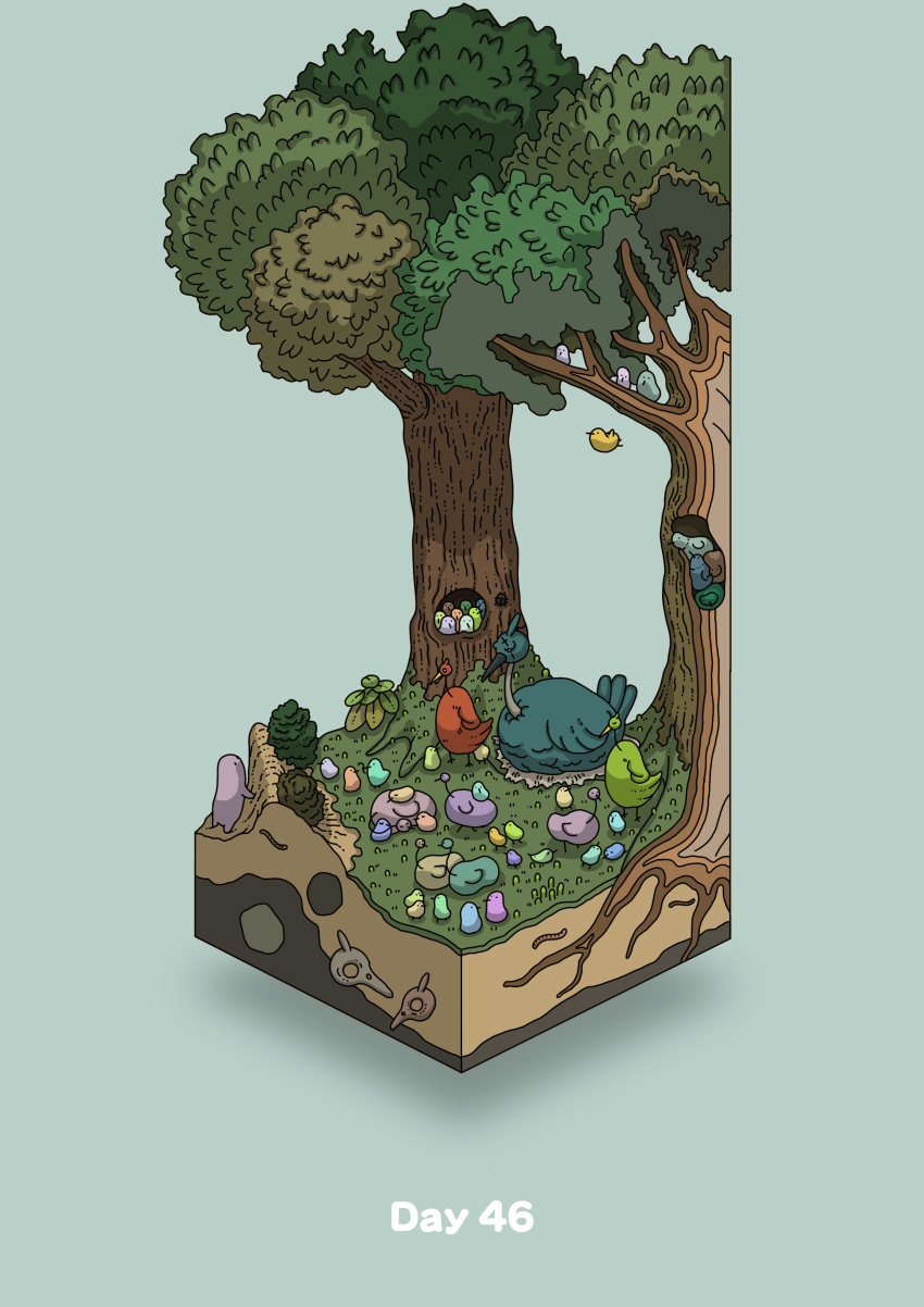 absurdres animal bird bird_nest blue_background bush chick commentary_request diorama gozz highres isometric original peeking skull tree