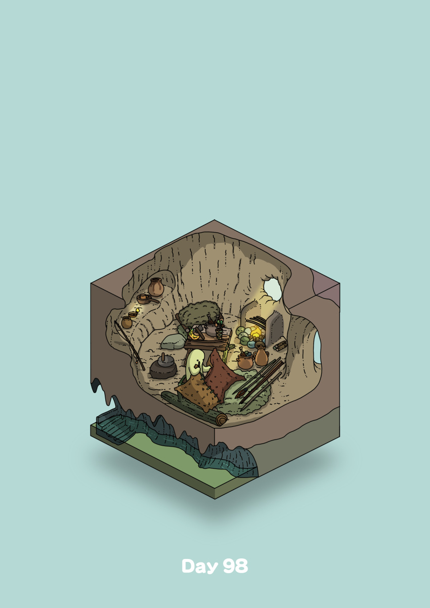 absurdres blue_background cave commentary_request diorama fireplace gozz highres isometric jewelry lamp leather mortar original pestle polearm pot spear stairs stitching table weapon