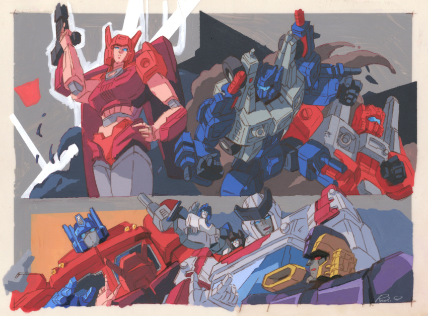 1girl 6+boys autobot clenched_hands cog_(transformers) decepticon elita_one gun hand_on_hip holding holding_gun holding_weapon impactor looking_at_viewer looking_down marble-v mecha mirage_(transformers) multiple_boys no_humans open_hand optimus_prime pointing ratchet red_eyes sideswipe sixgun smoke traditional_media transformers transformers:_war_for_cybertron_trilogy v-fin visor weapon