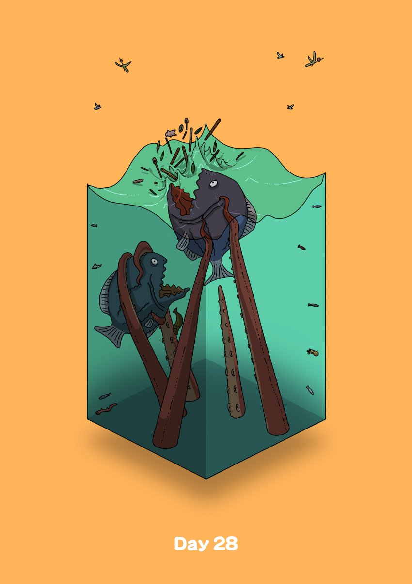 absurdres bug commentary_request diorama fish gozz highres insect isometric ocean orange_background original paddle shipwreck splashing tentacles