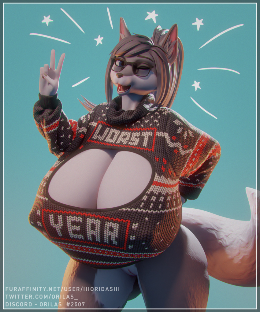2020 3d_(artwork) 5_fingers anthro big_breasts big_tail blender_(software) blue_eyes bottomless breasts butt canid canine clothed clothing digital_media_(artwork) eyewear female female/female fingers fur genitals glasses hair half_naked hi_res holidays huge_breasts hyper hyper_breasts iii_oridas_iii long_hair looking_at_viewer mammal new_year nipples nude open_mouth puffy_nipples pussy simple_background smile solo sweater text thick_thighs tongue topwear url white_body white_fur wide_hips