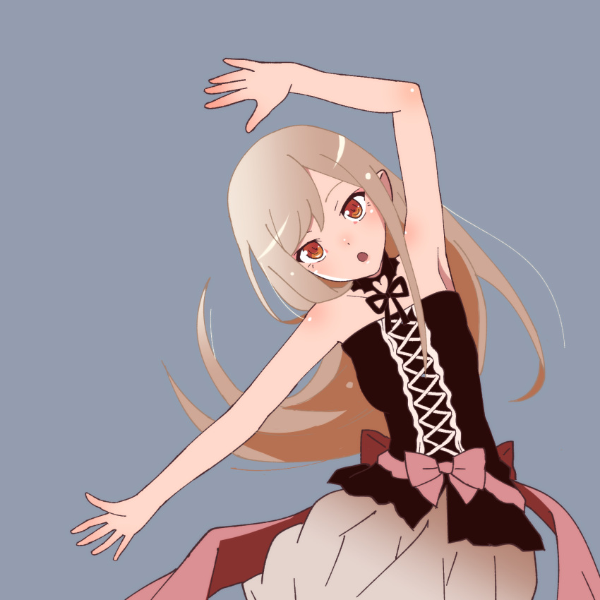 1girl :o arm_up armpits bakemonogatari bangs bare_arms bare_shoulders black_bow black_dress black_neckwear blonde_hair bow bowtie brown_eyes commentary dancing dress fooring grey_background head_tilt highres lace-up long_hair looking_at_viewer monogatari_(series) open_mouth oshino_shinobu parted_bangs pink_bow pointy_ears simple_background sleeveless sleeveless_dress solo strapless strapless_dress upper_body