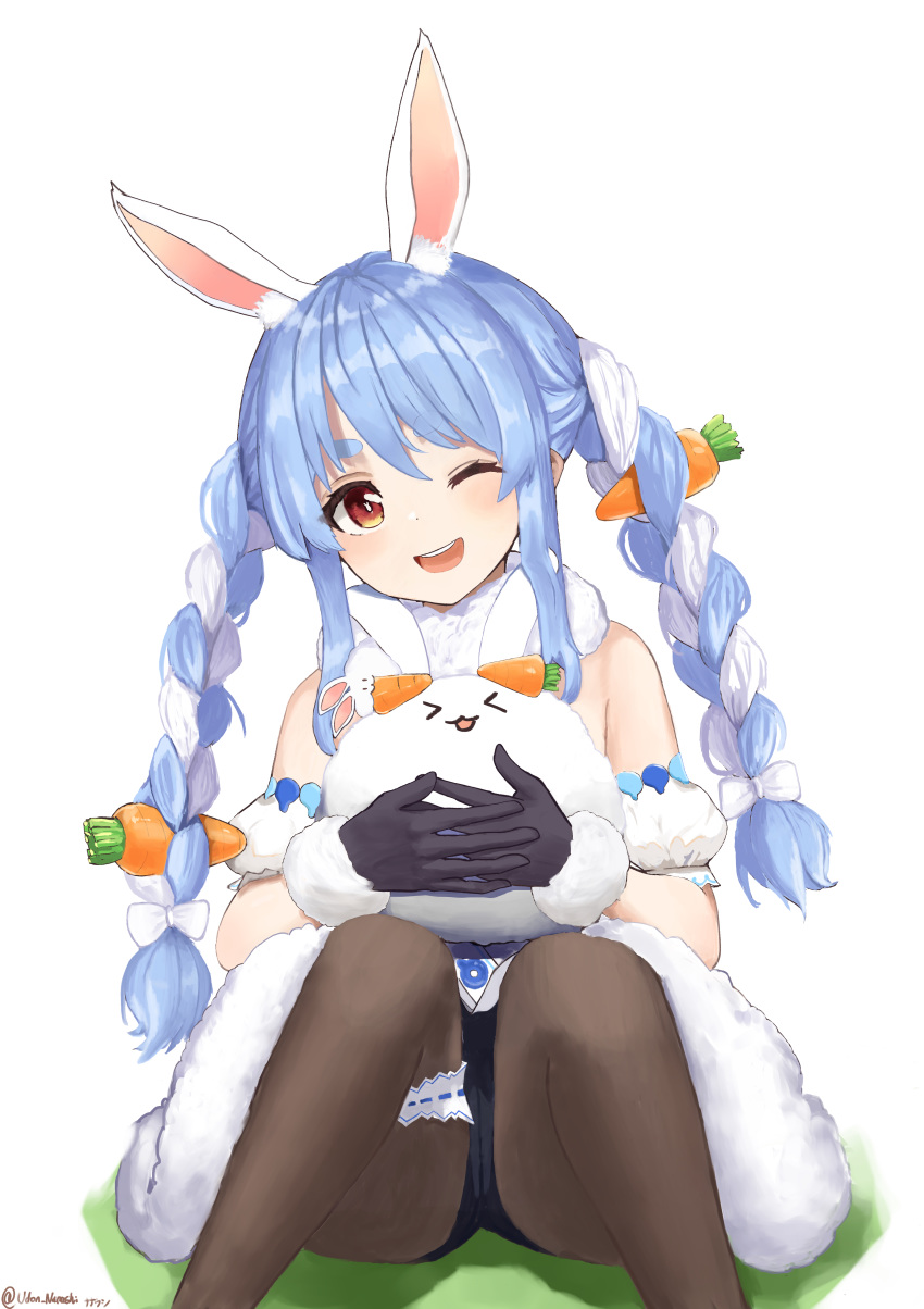 &gt;_&lt; 1girl :3 ;d absurdres animal animal_ear_fluff animal_ears bangs bare_shoulders black_gloves black_legwear black_leotard blue_hair bow braid bunny-shaped_pupils bunny_ears carrot_hair_ornament detached_sleeves dress eyebrows_visible_through_hair feet_out_of_frame food_themed_hair_ornament fur_trim gloves hair_between_eyes hair_bow hair_ornament head_tilt highres holding holding_animal hololive knees_up legband leotard long_hair looking_at_viewer multicolored_hair nanaushi one_eye_closed open_mouth orange_eyes puffy_short_sleeves puffy_sleeves short_sleeves silver_hair simple_background sitting smile solo twin_braids twintails two-tone_hair usada_pekora virtual_youtuber white_background white_bow white_dress