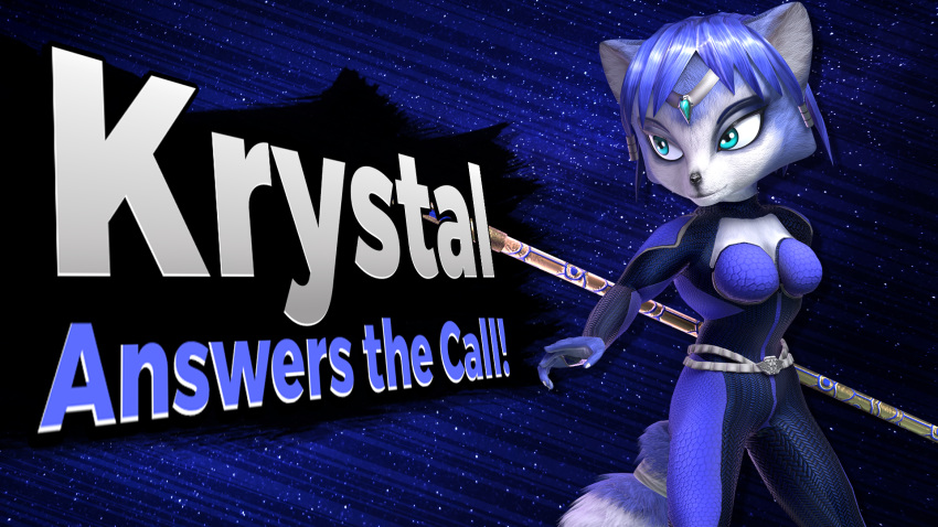 16:9 anthro blue_background blue_body blue_eyes blue_fur blue_hair breasts canid canine cleavage clothed clothing english_text female fox fur hair hi_res holding_object holding_staff jewelry jorge-sunspirit krystal mammal nails nintendo simple_background smile solo staff standing star_fox super_smash_bros. teal_eyes text video_games white_body white_fur widescreen xshadowsnakex