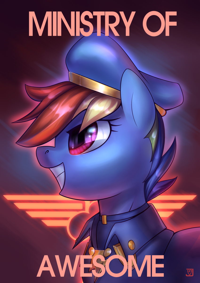 2019 absurd_res alternate_version_at_source blue_body blue_fur clothed clothed_feral clothing english_text equid equine fallout_equestria female feral friendship_is_magic fur hasbro hat headgear headwear hi_res horse jedayskayvoker mammal mane multicolored_mane my_little_pony pony poster rainbow_dash_(mlp) rainbow_mane side_view signature solo text