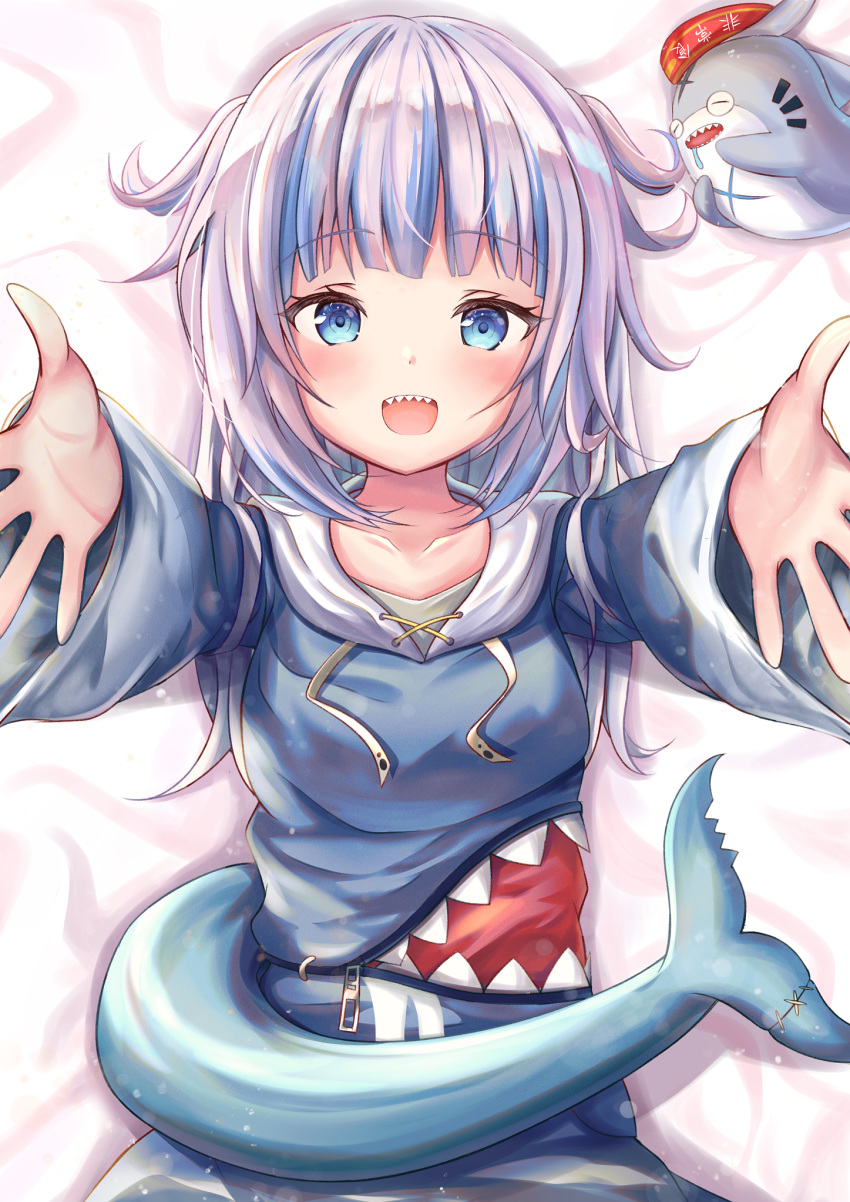 1girl :d arms_up bangs bed_sheet bloop_(gawr_gura) blue_eyes blue_hair blush breasts collarbone commentary_request eyebrows_visible_through_hair fish_tail gawr_gura highres hololive hololive_english hood long_hair long_sleeves looking_at_viewer lying multicolored_hair on_back open_mouth outstretched_arms regi_(r_regi) shark_tail sharp_teeth small_breasts smile solo streaked_hair tail teeth upper_teeth virtual_youtuber