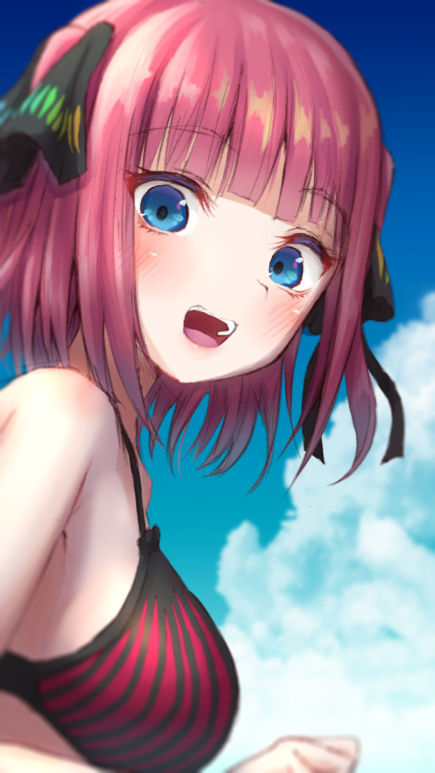 1girl :d bangs bikini black_ribbon blue_eyes blunt_bangs blush breasts butterfly_hair_ornament cloud eyebrows_visible_through_hair from_below go-toubun_no_hanayome hair_ornament highres large_breasts looking_at_viewer nakano_nino outdoors pink_hair ribbon sky smile striped striped_bikini swimsuit take-run-atelier twintails vertical-striped_bikini vertical_stripes