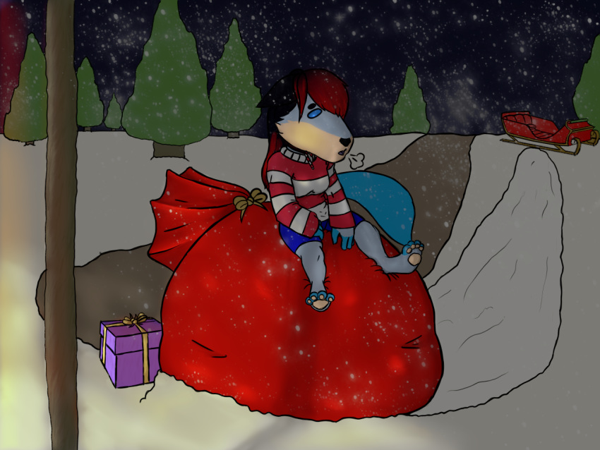4:3 4_toes anthro bag canid canine female fox gift gift_box mammal mrnatmax night pawpads sighing sleigh snow snowing solo tired tired_eyes toes