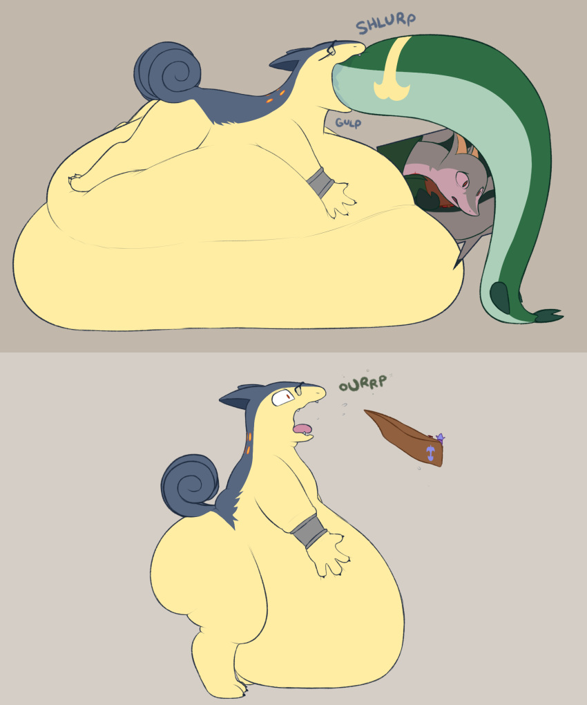 absurd_res anthro belly big_belly burping digestion duo eyewear fang_(tntc4) feral glasses hi_res male max_(flamestar) nintendo nom-sympony pok&eacute;mon pok&eacute;mon_(species) serperior text thick_thighs typhlosion video_games vore weight_gain