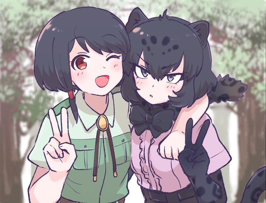 2girls animal_ears black_hair black_jaguar_(kemono_friends) blush bow bowtie brown_eyes captain_(kemono_friends) elbow_gloves eyebrows_visible_through_hair fur_collar gloves jaguar_ears jaguar_girl jaguar_print jaguar_tail kemono_friends kemono_friends_3 multicolored_hair multiple_girls one_eye_closed personification ponytail print_skirt purple_eyes shirt short_hair skirt tail tmtkn1 tree v