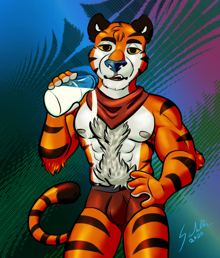 absurd_res anthro bandanna body_hair chest_hair chest_tuft felid frosted_flakes fur happy_trail hi_res humanoid kellogg's kerchief liquid long_tail male mammal mascot milk monsters_and_mutants muscular muscular_anthro muscular_male pantherine solo standing striped_body striped_fur stripes tiger tony_the_tiger tuft yellow_eyes