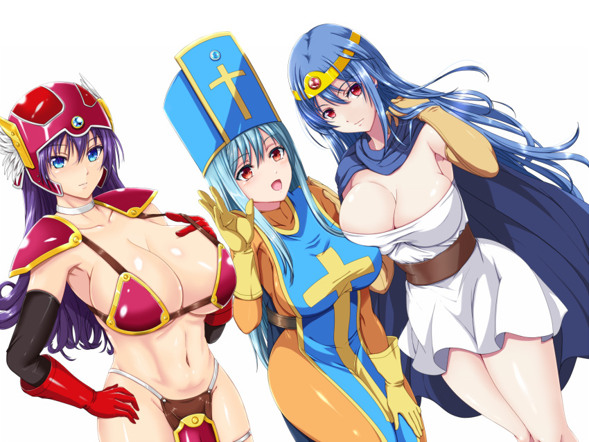 3girls aqua_hair armor armpits bikini_armor blue_eyes blue_hair blue_tabard blush bodysuit breasts cape circlet closed_mouth cowboy_shot cross_print dragon_quest dragon_quest_iii elbow_gloves gloves helmet highres large_breasts long_hair looking_at_viewer mitre multiple_girls orange_bodysuit parted_lips priest_(dq3) print_headwear purple_hair red_armor red_eyes red_gloves sage_(dq3) shoulder_pads smile soldier_(dq3) tabard tsuruhisashi winged_helmet yellow_gloves