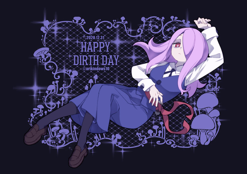 1girl abstract_background birthday black_legwear blue_dress brown_footwear chihiri collar commentary dark_background dated dress eyeshadow full_body hair_over_one_eye happy_birthday little_witch_academia long_hair long_sleeves looking_at_viewer luna_nova_school_uniform lying makeup mushroom on_back purple_hair red_eyes school_uniform shirt solo sparkle sucy_manbavaran twitter_username typo white_shirt