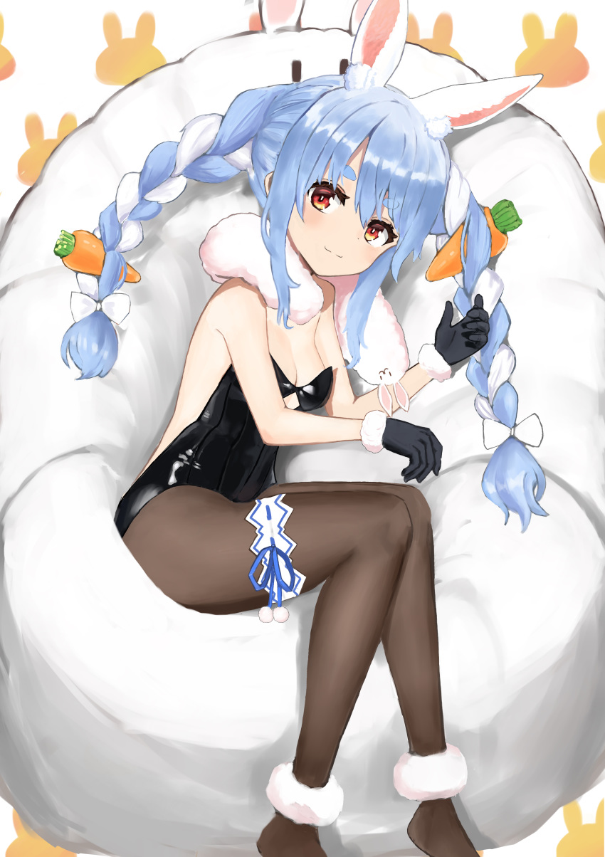 1girl absurdres animal_ear_fluff animal_ears bangs bare_shoulders black_gloves black_legwear black_leotard blue_hair blue_ribbon blush bow braid breasts bunny_background bunny_ears carrot_hair_ornament cleavage closed_mouth don-chan_(usada_pekora) extra_ears eyebrows_visible_through_hair feet_out_of_frame food_themed_hair_ornament fur_trim gloves hair_between_eyes hair_bow hair_ornament hand_up highres hololive legband leotard long_hair looking_at_viewer multicolored_hair nanaushi orange_eyes pantyhose pom_pom_(clothes) ribbon sidelocks silver_hair simple_background sitting small_breasts smile solo twin_braids twintails two-tone_hair usada_pekora virtual_youtuber white_background white_bow