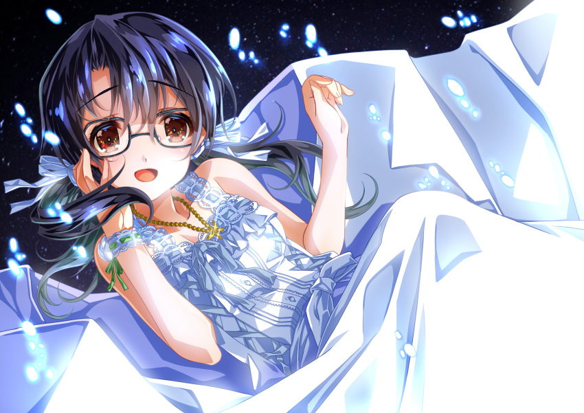 1girl black-framed_eyewear black_hair blush dress glasses hand_on_own_face highres idolmaster idolmaster_million_live! idolmaster_million_live!_theater_days long_hair looking_at_viewer low_twintails night night_sky open_mouth red_eyes senomoto_hisashi sky smile solo takayama_sayoko twintails white_dress