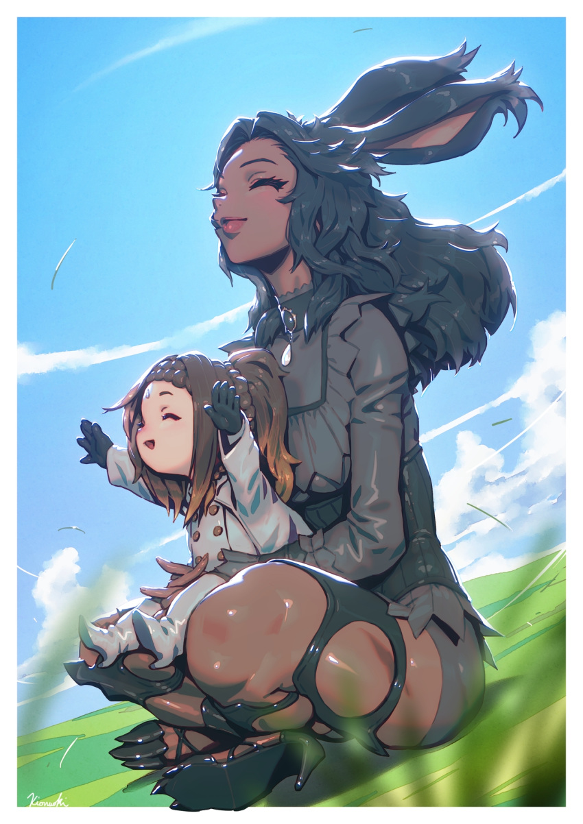 2girls amulet animal_ears animal_shoes arms_around_waist bangs black_hair blurry_foreground border braid brooch brown_hair bunny_ears closed_eyes cloud corset dark_skin dark_skinned_female dutch_angle eyelashes final_fantasy final_fantasy_xiv french_braid gloves grass happy high_heels highres horizon indian_style jewelry kio_naoki lalafell lips lipstick long_hair makeup multiple_girls muscular muscular_female open_mouth parted_bangs ponytail shorts sidelocks signature sitting sitting_on_lap sitting_on_person size_difference sky smile very_dark_skin viera wind