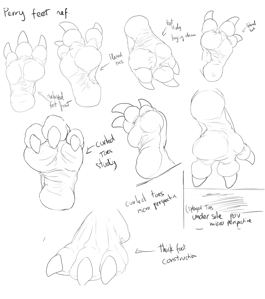 2020 3_toes 44vex absurd_res ambiguous_gender ambiguous_species anthro claws creeperdawnx english_text foot_shot hi_res low-angle_view monochrome nonbinary_(lore) sketch sketch_page soles solo text toes wrinkled_feet wrinkled_soles