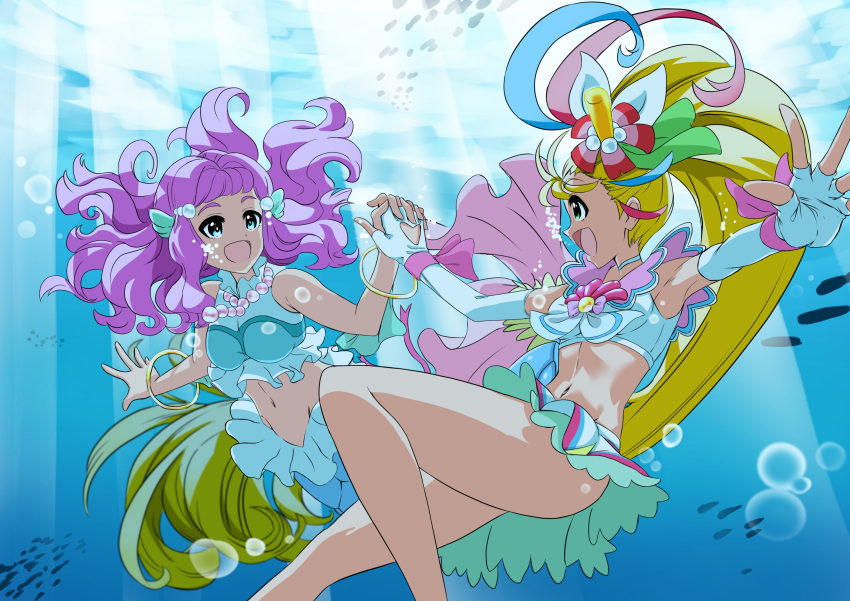 2girls :d absurdres air_bubble armpits bangs bare_shoulders blonde_hair blue_eyes blue_hair bracelet breasts bubble choker commentary_request crop_top cure_summer elbow_gloves fingerless_gloves flower gloves green_eyes groin hair_flower hair_ornament hair_strand highres holding_hands jewelry laura_(precure) light_rays long_hair looking_at_another magical_girl medium_breasts mermaid midriff monster_girl multicolored_hair multiple_girls natsumi_manatsu navel necklace okayu_(joneydcd) open_mouth pearl_hair_ornament pearl_necklace pink_hair precure purple_hair shirt side_ponytail sidelocks skirt sleeveless sleeveless_shirt small_breasts smile tropical-rouge!_precure underwater very_long_hair white_choker white_gloves white_shirt white_skirt