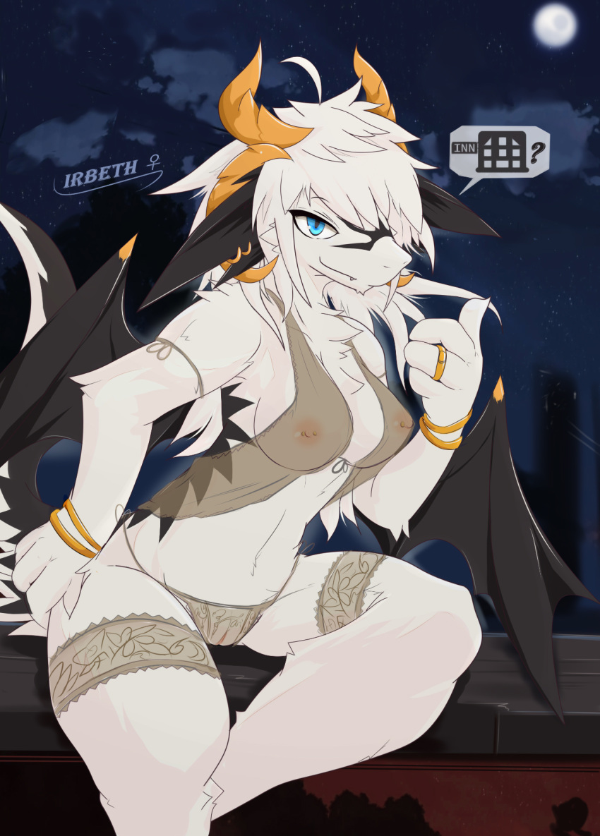 4_fingers anthro biped black_wings blue_eyes bracelet breasts cheek_tuft chest_tuft clothing cloud demon dragon dragoon86 ear_piercing ear_ring facial_tuft female fingers full_moon fur furred_dragon gender_symbol genitals hi_res humanoid_genitalia humanoid_pussy irbeth jewelry kemono lingerie looking_at_viewer membrane_(anatomy) membranous_wings moon night nipple_piercing nipples outside panties piercing pupils pussy shaded sky slit_pupils solo speech_bubble star starry_sky symbol translucent translucent_clothing translucent_panties translucent_underwear tuft underwear white_body white_fur wing_claws wings ♀