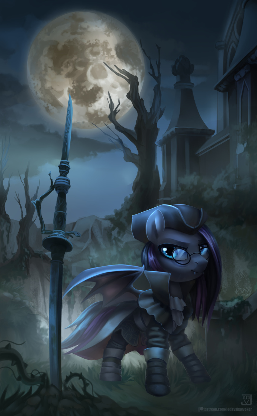 2019 absurd_res bat_pony bloodborne blue_body blue_fur blue_wings clothed clothed_feral clothing cloud crossover detailed_background english_text equid eyewear fan_character female feral fromsoftware full_moon fur glasses grass hasbro hi_res jedayskayvoker luna_farrowe mammal mane melee_weapon membrane_(anatomy) membranous_wings moon my_little_pony night outside plant purple_mane purple_tail signature solo sony_corporation sony_interactive_entertainment sword teal_eyes text url video_games weapon wings