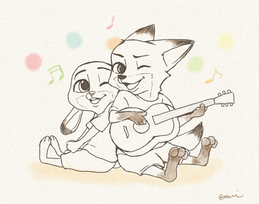 anthro canid canine clothed clothing disney duo ezumi_mh fox fully_clothed fur hi_res holding_guitar judy_hopps lagomorph leporid mammal musical_note nick_wilde one_eye_closed open_mouth open_smile rabbit red_fox simple_background smile white_background wink zootopia