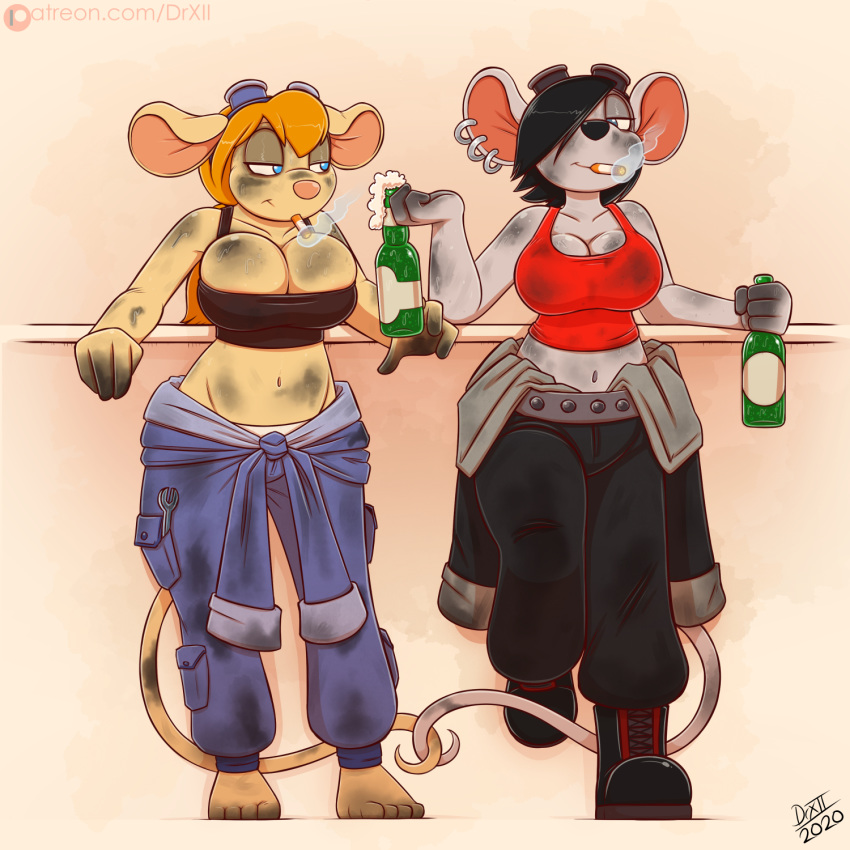 1:1 alcohol anthro beer beverage big_breasts black_hair blonde_hair blue_eyes breasts chip_'n_dale_rescue_rangers clothed clothing digital_media_(artwork) disney drxii duo ear_piercing entwined_tails eyewear female female/female fur gadget_hackwrench glitch_(chip_'n_dale_rescue_rangers) goggles hair hi_res mammal mouse murid murine piercing rodent simple_background smile smoking tail_coil
