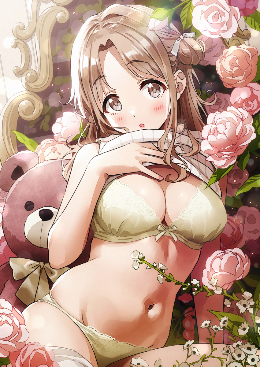 1girl bangs bare_shoulders blush bra breasts brown_eyes brown_hair cleavage flower hair_bun hair_ribbon highres ichikawa_hinana idolmaster idolmaster_shiny_colors large_breasts long_hair looking_at_viewer navel open_mouth panties parted_bangs ribbed_sweater ribbon side_bun sleeveless sleeveless_turtleneck sonsoso stuffed_animal stuffed_toy sweater teddy_bear thighs turtleneck underwear white_sweater yellow_bra yellow_panties