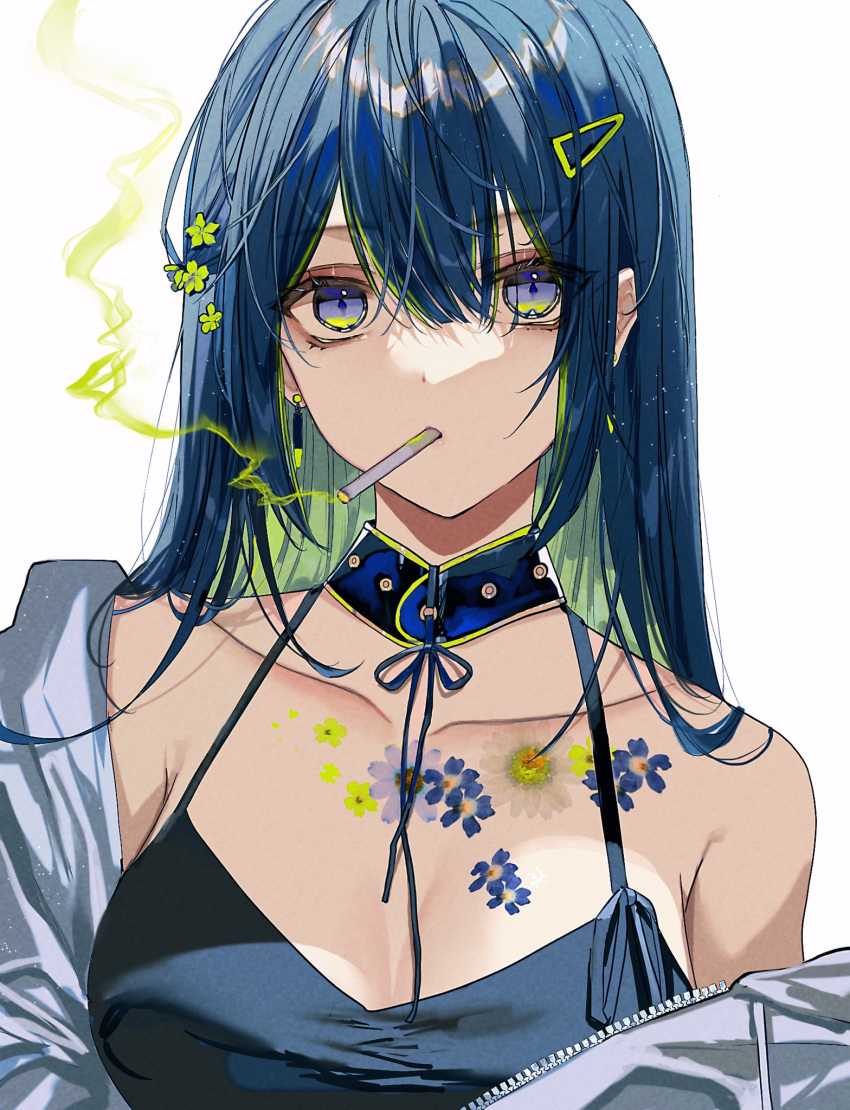 bangs blue_eyes blue_hair blue_tank_top breasts choker cigarette earrings eyebrows_visible_through_hair flower fuuna_(conclusion) green_hair hair_between_eyes hair_flower hair_ornament hairclip highres jacket jewelry long_hair medium_breasts mouth_hold multicolored_hair off_shoulder open_clothes open_jacket original simple_background smoke smoking solo tank_top two-tone_hair upper_body white_background white_jacket